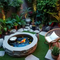 Kolam Ikan dan Kursi Rotan/ Halaman Belakang Rumah Sederhana (Sumber: qwen.ai)