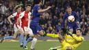 Gelandang Chelsea, Pedro, mencetak gol ke gawang Slavia Praha pada laga leg kedua perempat final Liga Europa di Stadion Stamford Bridge, Kamis (18/4/2019). Chelsea menang 4-3 atas Slavia Praha. (AP/Matt Dunham)