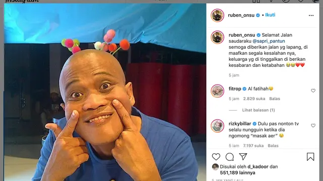 Rizky Billar sampaikan ungkapan dukacita terkait meninggalnya Sapri Pantun. (Foto: Instagram @ruben_onsu)