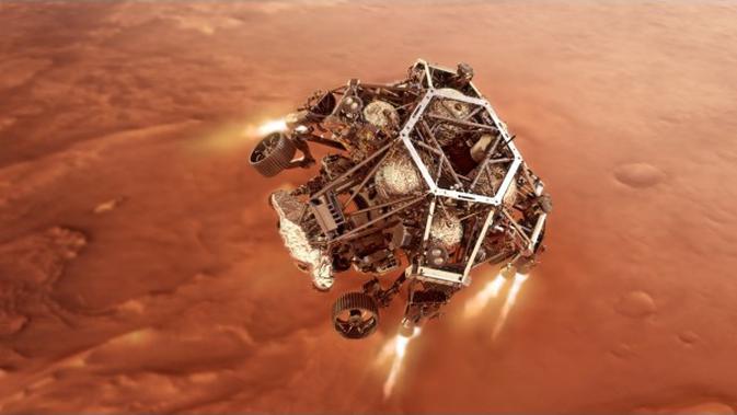 Gambar yang dirilis NASA ini menunjukkan ilustrasi wahana penjelajah Perseverance menyalakan mesin fase pendaratan saat mendekati permukaan Mars. (Xinhua/NASA/JPL-Caltech)