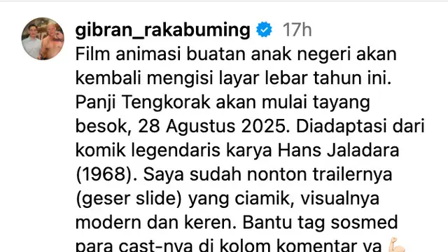 Unggahan Gibran Rakabuming Raka soal film animasi Panji Tengkorak. (Foto: Dok. Instagram @gibran_rakabuming)