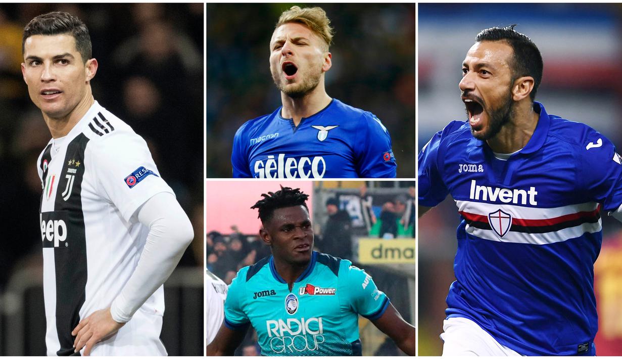 Berikut ini daftar pencetak gol terbanyak sementara Serie A 2019. Striker Sampdoria, Quagliarella, menduduki posisi teratas dengan koleksi 25 gol, sementara bintang Juventus, Cristiano Ronaldo di posisi tiga dengan 21 gol. (Foto Kolase AP dan AFP)