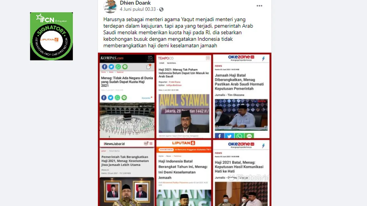 Cek Fakta Liputan6.com mendapati klaim Arab Saudi menolak memberi kuota haji 2021 untuk Indonesia