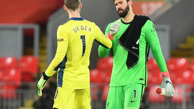 Penjaga gawang Manchester United, David De Gea bersama penjaga gawang Liverpoo, Alisson Becker