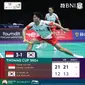 Ganda putra dadakan Indonesia Fajar Alfian/Daniel Marthin menang atas pasangan Korea Selatan Ki Dong Ju/Kim Won Ho 21-12 dan 21 pada laga perempat final Piala Thomas 2024 di&nbsp;Hi-Tech Zone Sports Centre Gymnasium, Chengdu, China, Jumat (3/5). Hasil itu membuat Indonesia menang 3-1 dan lolos ke semifinal. (foto: Instagram @badminton.ina)