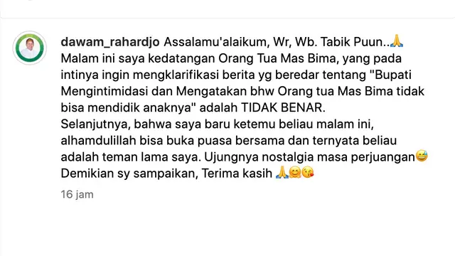 Klarifikasi Bupati Lampung Timur, Dawam Rahardjo. (Foto: Dok. Instagram @dawam_rahardjo)
