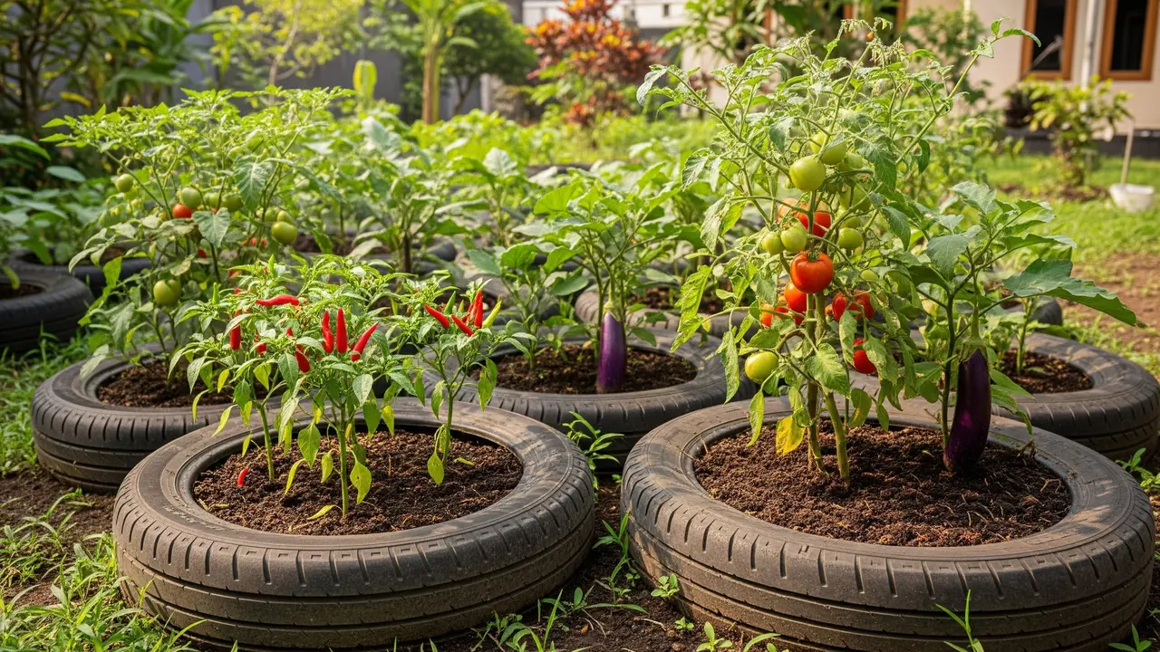 Desain Kebun Sayur Pakai Ban Motor Bekas di Pekarangan Rumah