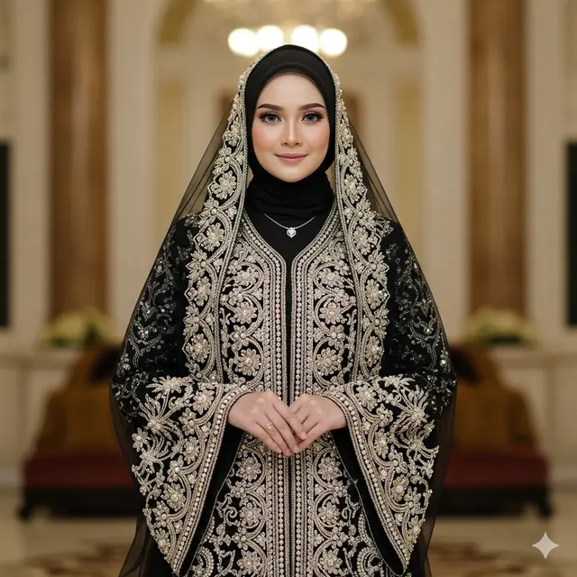 Model Gamis Hitam Bordir Emas Kombinasi Silver (Image by Gemini)