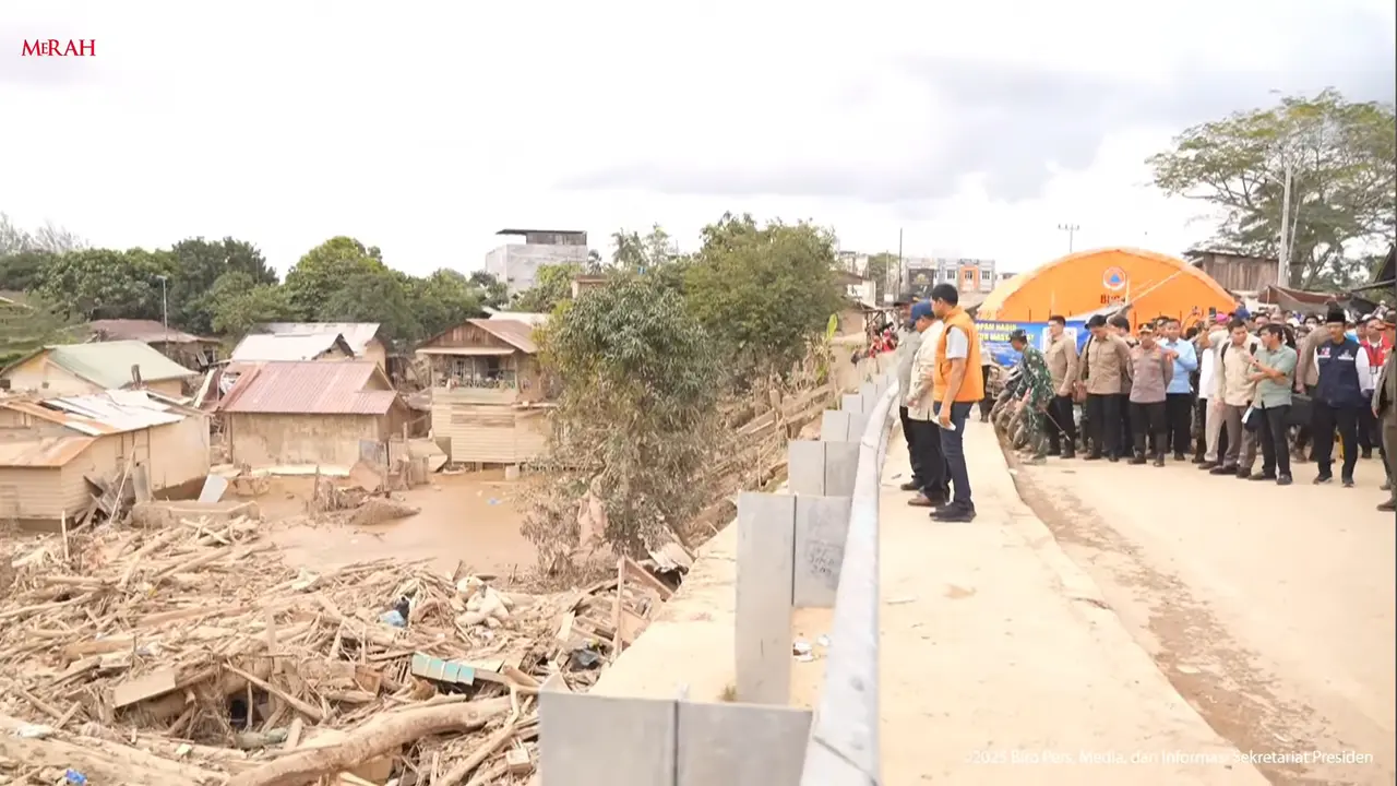 Presiden Prabowo Subianto melihat langsung gelondongan kayu yang terbawa saat banjir bandang di Kabupaten Aceh Tamiang, Aceh (Istimewa)