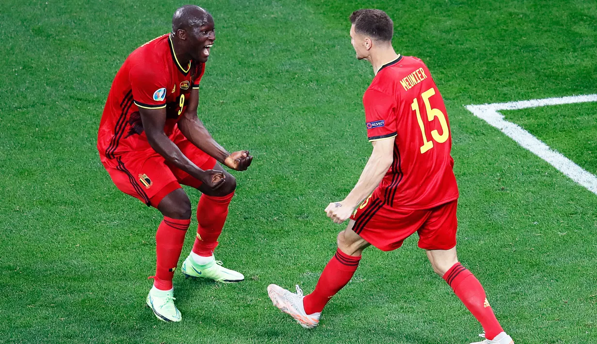 Romelu Lukaku berhasil mencetak empat gol dalam lima pertandingannya bersama Belgia. Ia menempati nomor lima pencetak gol terbanyak di perhelatan akbar Euro 2020. (AFP/Pool/Anton Vaganov)