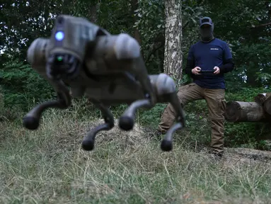 Operator dengan tanda panggilan Yuri mendemonstrasikan kemampuan robot anjing di lokasi yang dirahasiakan di Ukraina, di tengah invasi Rusia pada 7 Agustus 2024. (GENYA SAVILOV / AFP)