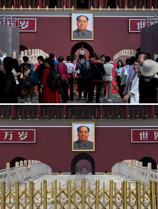 Wisatawan berdiri di depan potret mendiang pemimpin komunis Mao Zedong di Gerbang Tiananmen di Beijing pada 20 September 2019 (atas) dan polisi mengenakan masker di tengah kekhawatiran penyebaran virus corona (COVID-19) di Gerbang Tiananmen di Beijing pada 6 Maret 2020. (Greg Baker, Noel CELIS/AFP)