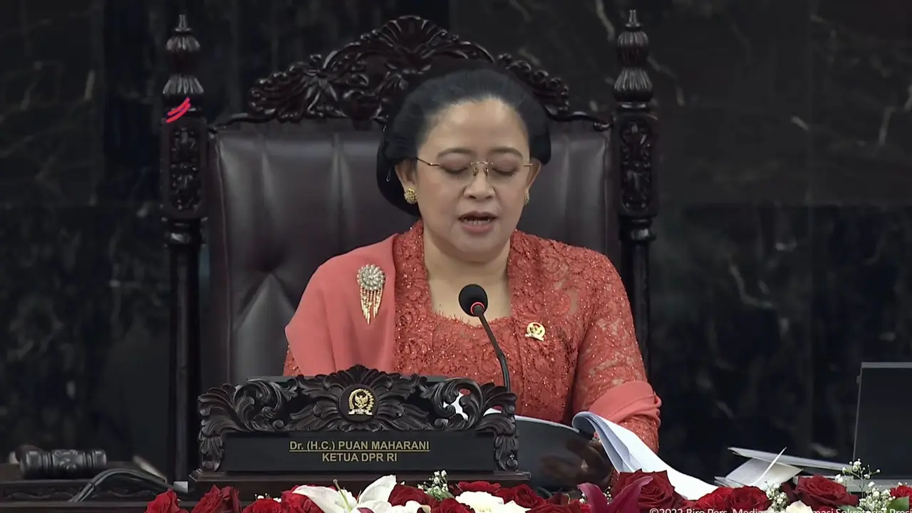 Ketua Dewan Perwakilan Rakyat (DPR) Puan Maharani pada Sidang Tahunan MPR-RI dan Sidang bersama DPR RI dan DPD RI tahun 2022, Selasa (16/8/2022).