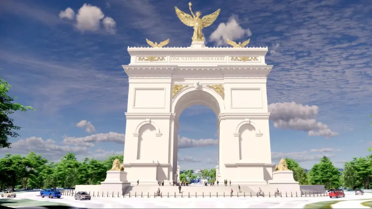 Presiden Amerika Serikat Donald Trump memamerkan desain dari Gapura Kemenangan di Washington D.C. Ia klaim jadi yang paling indah sedunia. (Dok. U.S. Commission of Fine Arts)
