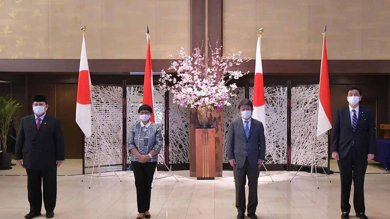 Pertemuan antara Menlu Retno Marsudi dan Menhan Prabowo Subianto dengan Menlu Motegi Toshimitsu dan Menhan Nobuo Kishi dalam kunjungan ke Jepang.