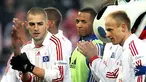 Hamburg's goal scorer Mladen Petric celebrates with his teammates after German Bundesliga match Hamburg SV vs. Bayern Munich in Hamburg on January 30, 2009. Hamburg won the match 1-0. AFP PHOTO/ROLAND MAGUNIA