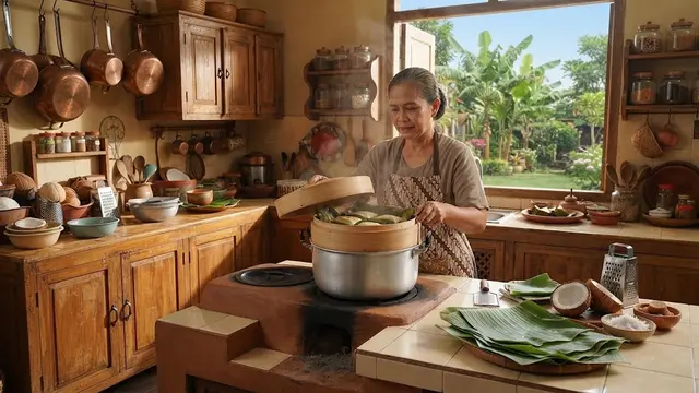Membuat Pisang Kukus Kelapa.
