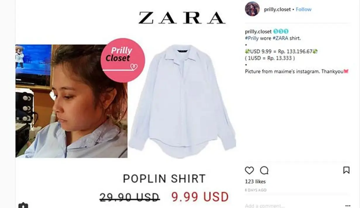 Nah, kemeja keluaran Zara ini cocok banget kamu pakai untuk ke kantor atau ke kampus. Dan untuk memiliki Poplin Shirt yang satu ini, Prilly hanya mengeluarkan uang sebesar Rp 133.196. (Instagram/prilly.closet)