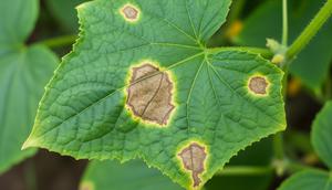Daun timun dipenuhi bercak cokelat. [Foto: Gemini]