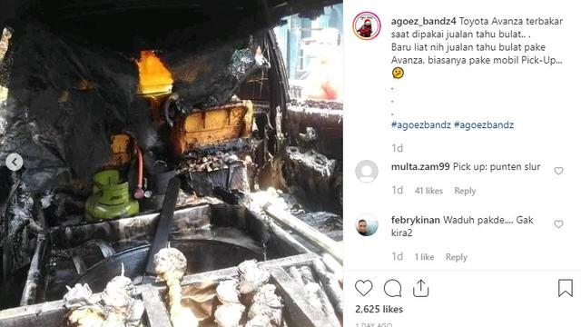 Sebuah foto yang menunjukan mobil Low MPV, Toyota Avanza terbakar karena digunakan berdagang tahu bulat menarik perhatian. (@agoez_bandz4)