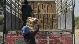 Pekerja memuat peti kayu dengan buah delima untuk dijual, di desa Mazara di distrik Arghandab, Kandahar (5/10/20210). Buah delima merupakan salah satu komoditas unggulan Afghanistan. (AFP/ Javed Tanveer)