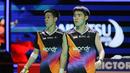 Pebulu tangkis ganda putra Indonesia, Nikolaus Joaquin/Raymond Indra saat bertanding dalam laga final Indonesia Masters 2026 melawan pasangan Malaysia, Goh Sze Fei/Nur Izzuddin di Istora, Senayan, Jakarta, Minggu (25/01/2026). (Bola.com/Bagaskara Lazuardi)