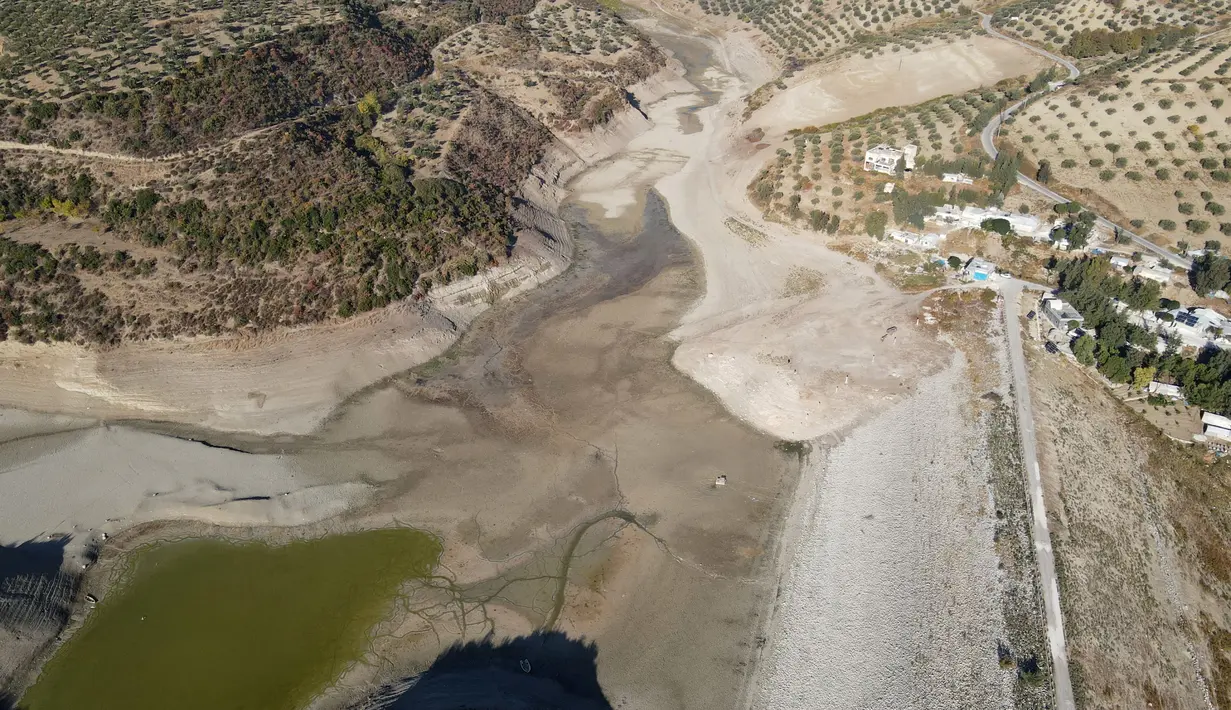 Sebuah gambar menunjukkan kekeringan di bendungan Doueisat (Duwaysat) di luar kota al-Diriyah di provinsi Idlib, Suriah pada 9 November 2021. Curah hujan yang rendah pada musim dingin lalu membuat waduk itu setengah penuh dan semua air digunakan untuk irigasi oleh para petani. (Abdulaziz KETAZ/AFP)