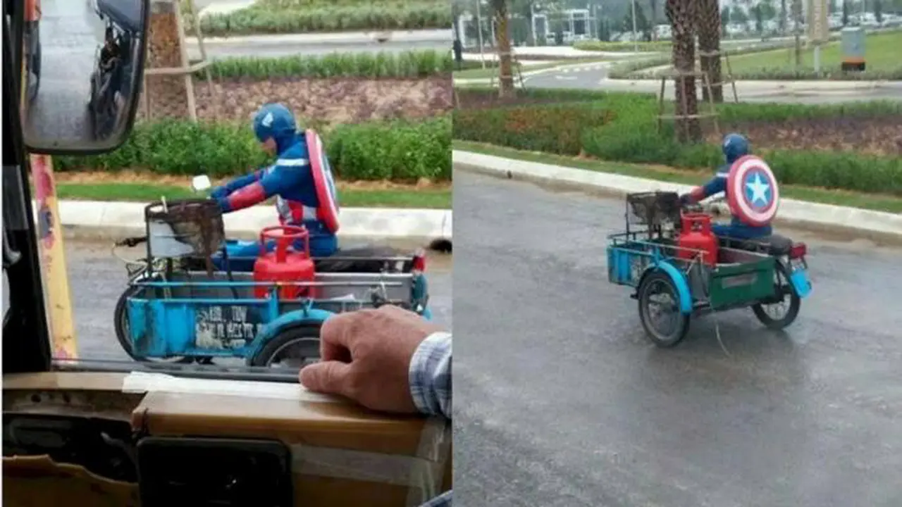 Sisi Lucu Captain America, Antar Gas  Berkostum Hello Kitty
