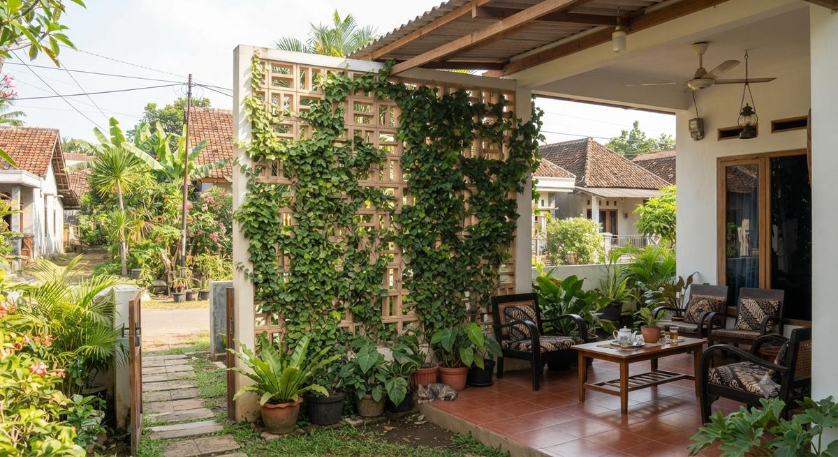 Inspirasi Teras Rumah dengan Roster dan Tanaman Rambat, Bikin Hunian Sejuk dan Estetik Model Persegi Panjang dengan Tanaman Ivy
