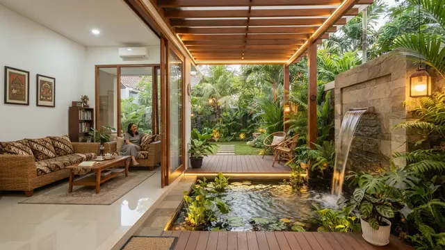 Rumah dengan Half Outdoor Living Room sebagai Tren Baru untuk Iklim Tropis Model dengan Kolam atau Elemen Air