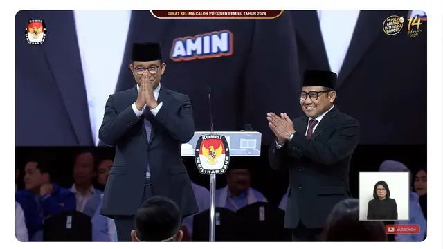 Calon Presiden (Capres) dan Calon Wakil Presiden (Cawapres) nomor urut 01 Anies Baswedan-Muhaimin Iskandar memasuki lokasi debat Pilpres 2024, Minggu (4/2/2024).