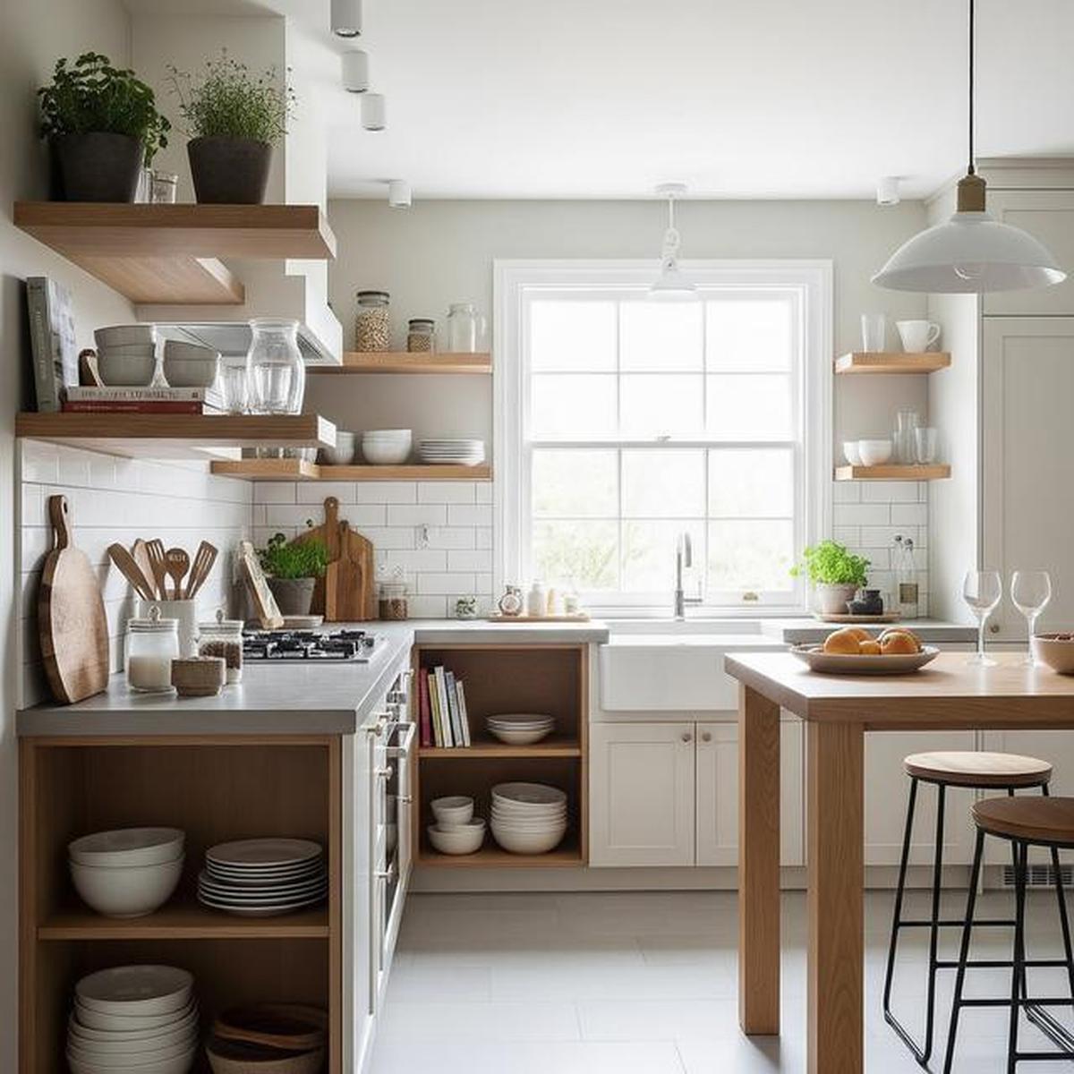 7 Dapur Kecil dengan Rak Terbuka dan Warna Netral, Elegan dan Minimalis