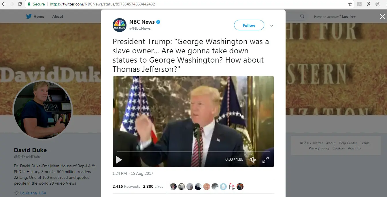 Postingan NBC News yang disorot oleh David Duke eks-bos Ku Klux Klan (Twitter)
