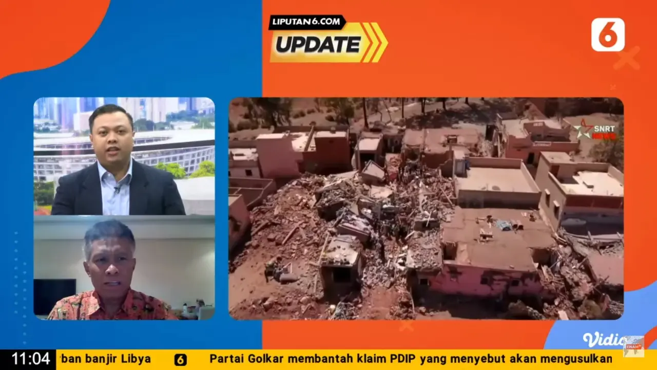 Liputan6 Update dalam siaran langsungnya pada Rabu, 13 September 2023, mengundang Sutar Windargo, Fungsi Penerangan Sosial Budaya KBRI Rabat, Maroko, yang menyampaikan situasi terkini pasca gempa di Maroko.
