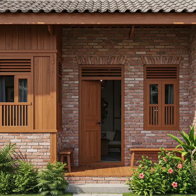 Desain Rumah Kampung dengan Kombinasi Material Alami (AI)