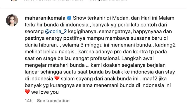 Unggahan Maharani Kemala soal Bunda Corla. (Foto: Dok. Instagram @maharanikemala)