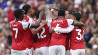 Selebrasi Jurrien Timber dkk. dalam laga Arsenal vs Leeds United di Premier League 2025/2026,&nbsp;Sabtu (23/8/2025). (AP Photo/Ian Walton)