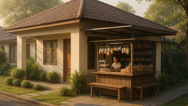 Desain  Rumah L-Shape dengan Warung di Teras Samping