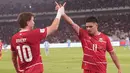 Ragnar Oratmangoen merayakan gol pembuka Timnas Indonesia ke gawang Singapura dalam laga FIFA ASEAN Cup 2026 di Stadion Utama Gelora Bung Karno (SUGBK), Jakarta, Jumat (25/9/2026). (KLY/Budy Santoso)