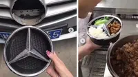 Emblem bagian depan mobil Mercedes-Benz dijadikan tempat makan. (9gag)