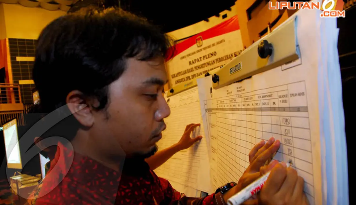 Seorang petugas mencatat hasil penghitungan perolehan anggota DPR, DPD dan DPRD tingkat provinsi di Hotel Borobudur, Rabu (23/4/14). (Liputan6.com/Miftahul Hayat)