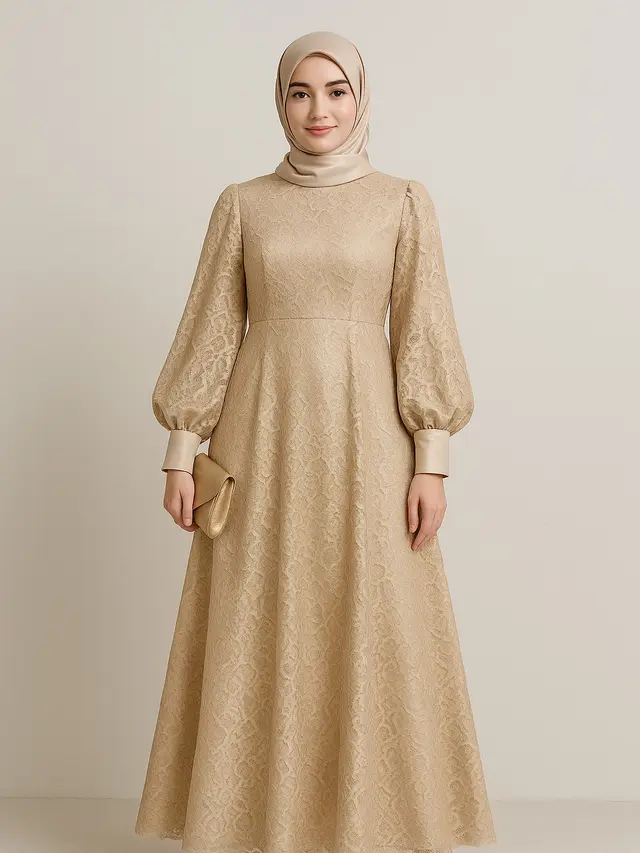 Model Gamis A-Line Brokat dengan Lengan Balon