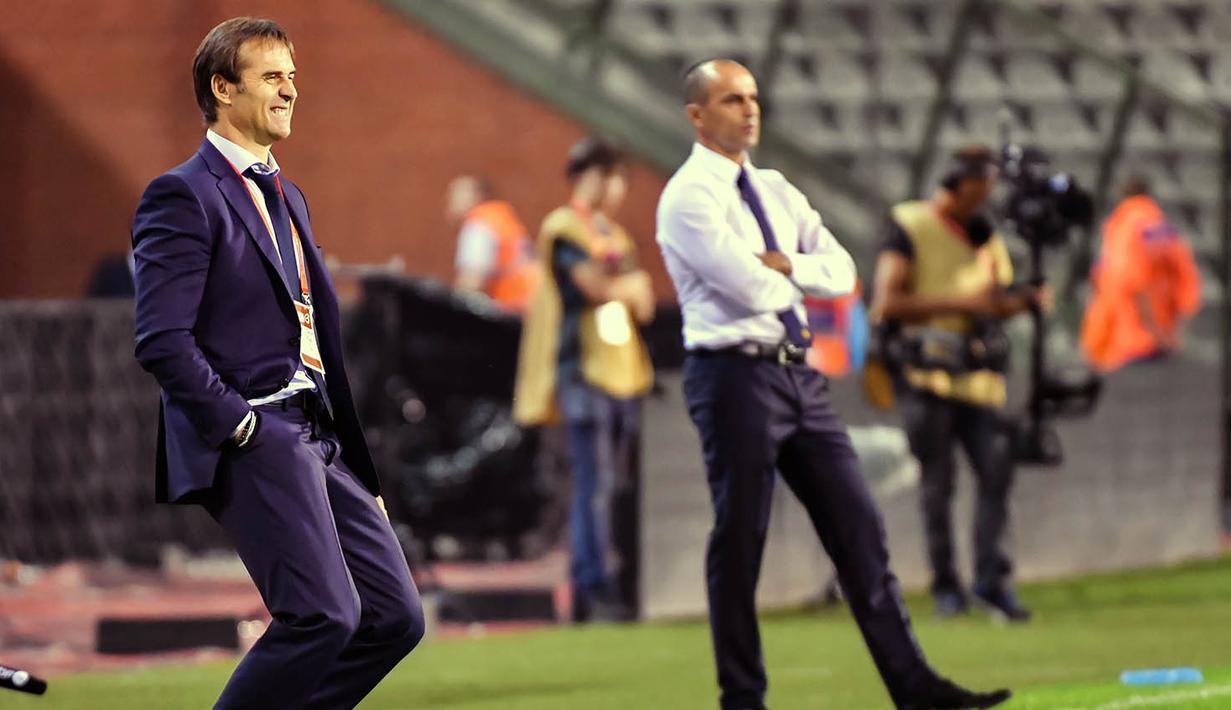 Pelatih anyar Spanyol, Julen Lopetegui, mendampingi anak asuhnya saat melawan Belgia,. Sama seperti Martinez, laga ini juga merupakan debut bagi Lopetegui yang merupakan suksesor dari pelatih terdahulu, Vicente del Bosque. (AP/Geert Vanden Wijngaert)