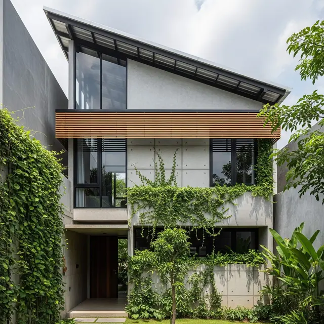 Desain Rumah Sempit Atap Miring ke Belakang