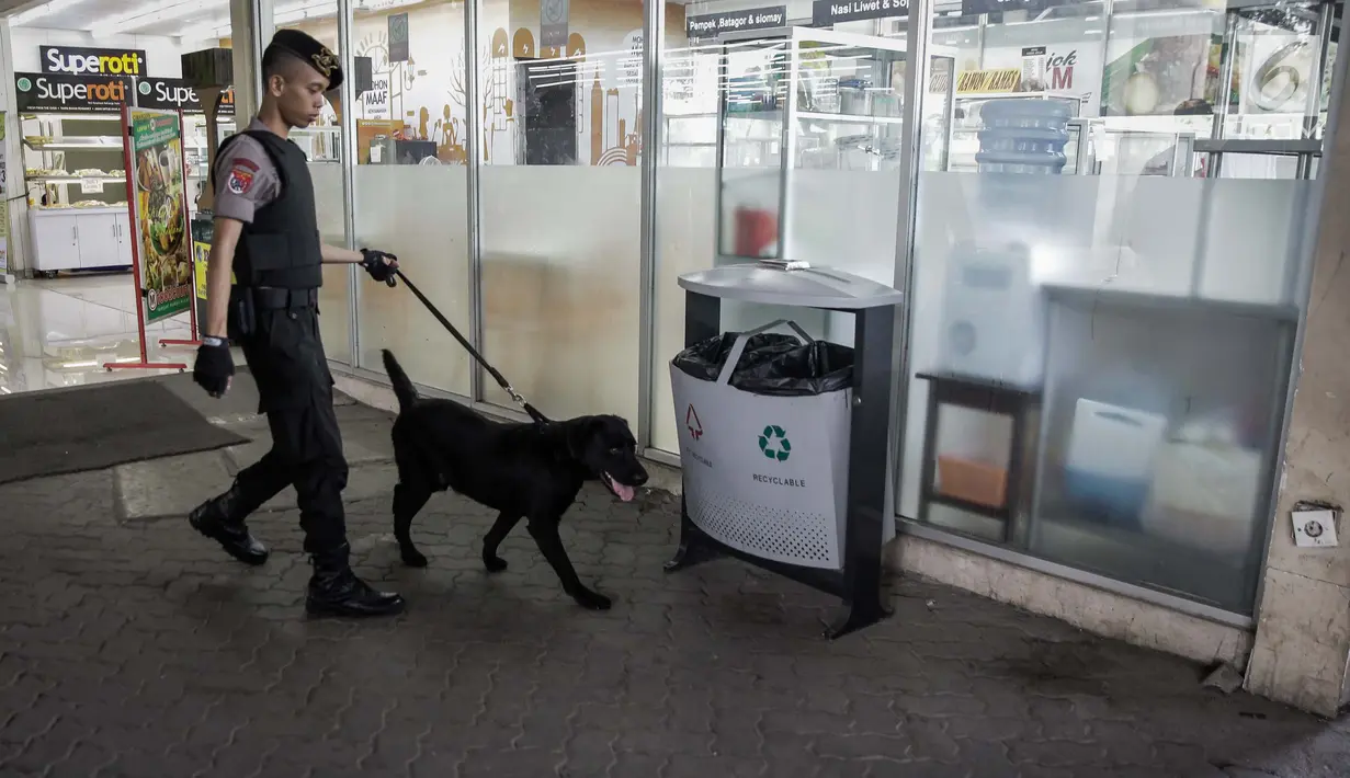 Petugas dan anjing unit k-9 menyisir kawasan Stasiun Gambir, Jakarta, Kamis (1/6). Hal ini dilakukan sebagai upaya meningkatkan keamanan di stasiun demi mencegah hal yang tidak diinginkan pasca bom Terminal Kampung Melayu. (Liputan6.com/Faizal Fanani)
