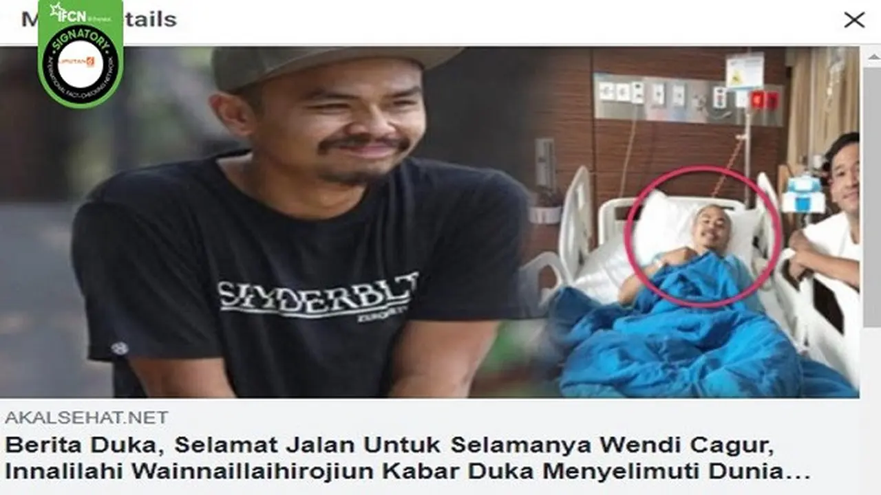Gambar Tangkapan Layar Kabar Hoaks tentang Wendi Cagur Meninggal Dunia pada 8 Mei 2021