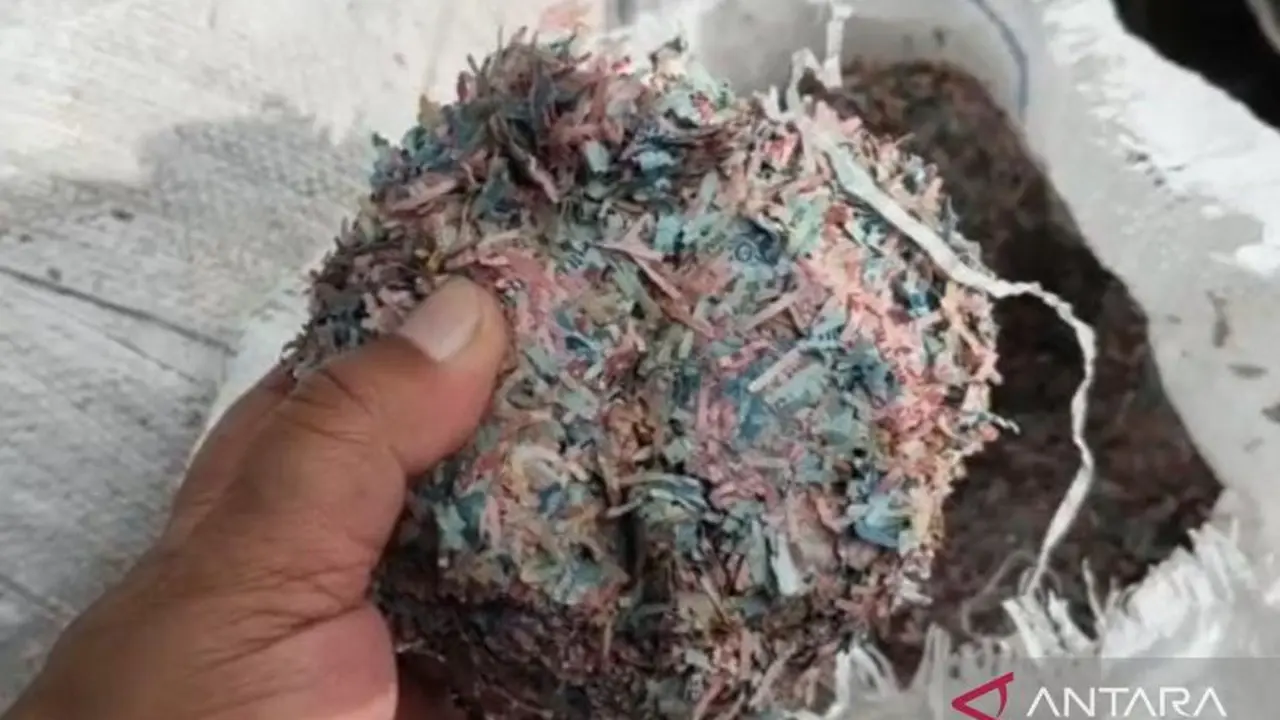 Penemuan potongan uang kertas di Bekasi. (Antara)