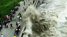 Gelombang air pasang menghantam penghalang di tepi Sungai Qiantang di Hangzhou, provinsi Zhejiang, Tiongkok, 4 Oktober 2016. Meski berbahaya, wisatawan gemar berkumpul untuk menyaksikan fenomena ini. (REUTERS)