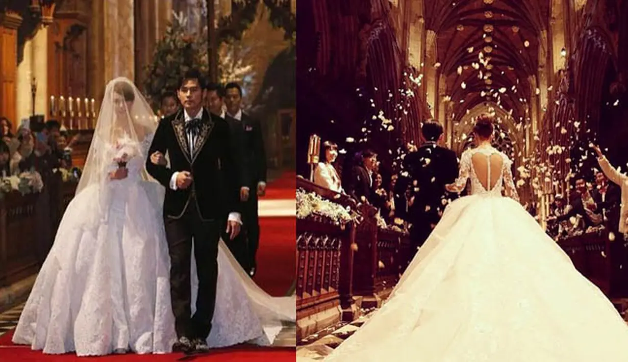 Hannah terlihat sangat cantik dalam balutan gaun pengantin berwarna putih dengan potongan berbentuk hati di bagian belakang. Sementara Jay Chou tampak mempesona mengenakan tuksedo berwarna hitam. (instagram.com/jaychou_fansgroup)