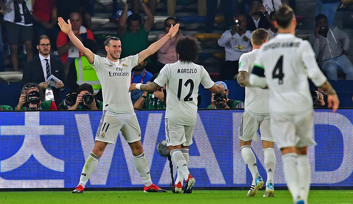 Gareth Bale telah memenangkan gelar Piala Dunia Antarklub FIFA sebanyak epat kali bersama Real Madrid. Hattricknya ke gawang Kashima Antlers pada 2018 menambah koleksi golnya menjadi enam kali pada turnamen tersebut. (AFP/Giuseppe Cacace)